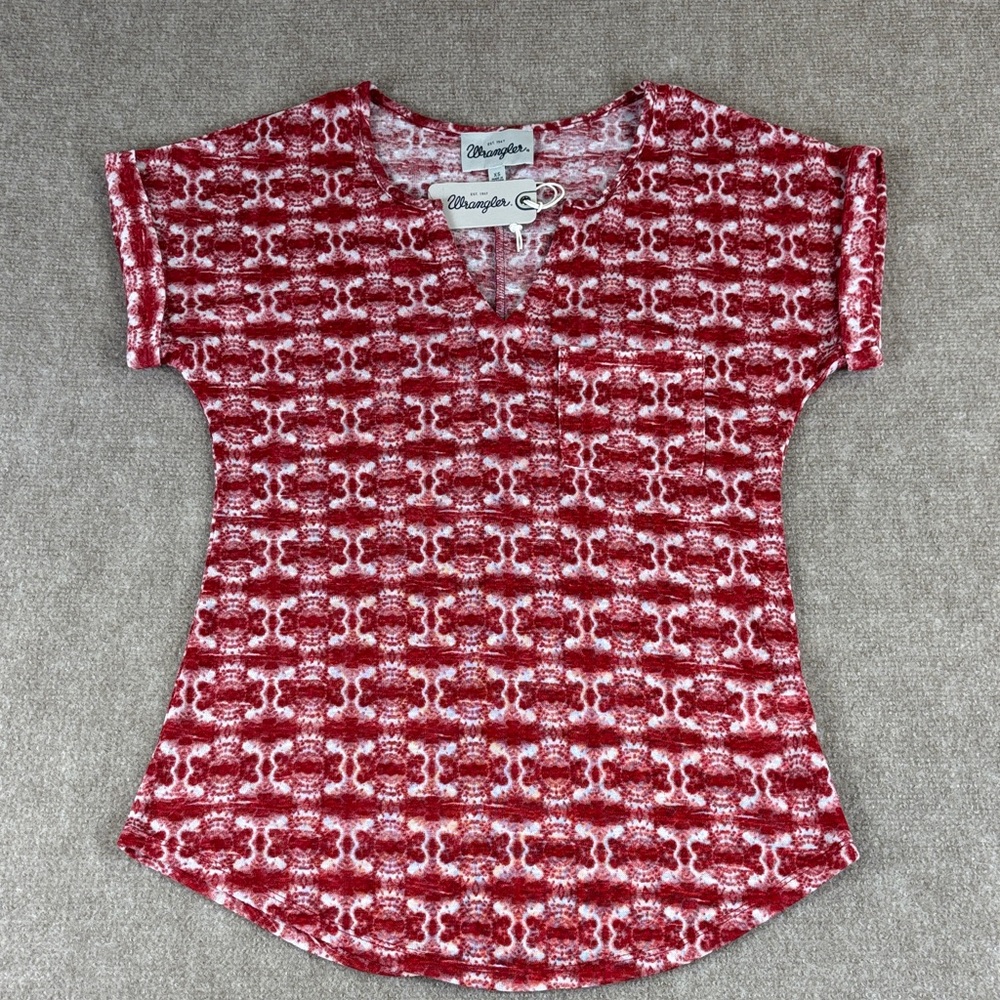 Wrangler Women's Short Sleeve Pocket V-Neck Red and White Top Blouse Size XS NWT
